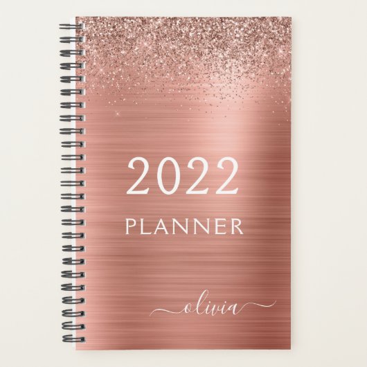 2022 Rose Gold Blush Pink Glitzer Monogram Planer (Vorderseite)