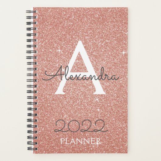 2022 Rose Gold Blush Pink Glitzer Monogram Planer (Vorderseite)