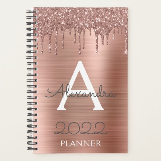2022 Rose Gold Blush Pink Glitzer Sparkle Monogram Planer (Vorderseite)