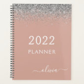 2022 Rose Gold Blush Pink Silver Glitzer Monogram Planer (Vorderseite)