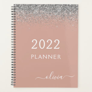 2022 Rose Gold Blush Pink Silver Glitzer Monogram Planer