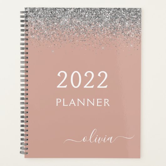 2022 Rose Gold Blush Pink Silver Glitzer Monogram Planer (Vorderseite)