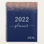 2022 Rose Gold Pink Navy Blue Glitzer Monogram Planer (Vorderseite)