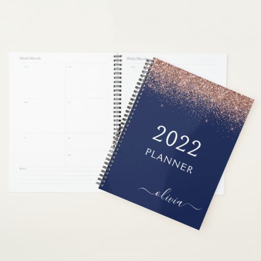 2022 Rose Gold Pink Navy Blue Glitzer Monogram Planer (Anzeige)