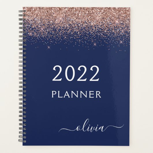2022 Rose Gold Pink Navy Blue Glitzer Monogram Planer (Vorderseite)