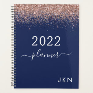 2022 Roségold Rosa Navy Blau Glitter Monogramm Planer