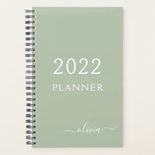 2022 Salbei-Grün Mädchenhaftes Skript-Monogramm-Na Planer