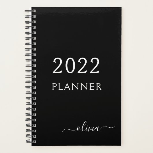 2022 Schwarz Weiß Mädchenname Schriftzug Monogramm Planer (Vorderseite)