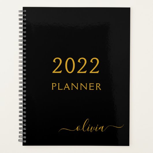 2022 Schwarzes Gold Mädchenname Skript Monogramm M Planer (Vorderseite)