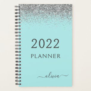 2022 Silber Aqua Blau Türkis Glitter Monogramm Planer