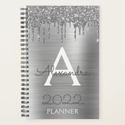 2022 Silber Glitter Glam Monogramm modern Planer (Vorderseite)