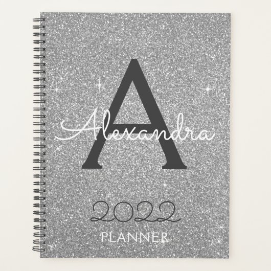 2022 Silber Glitter Glanz Monogramm Planer (Vorderseite)