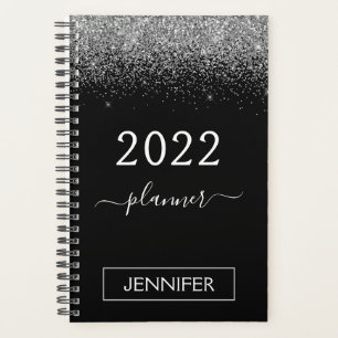 2022 Silberner schwarzer Glitter Monogramm Mädchen Planer