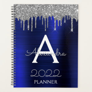 2022 Silbernes Navy Blau Glitter Glam Monogramm Planer