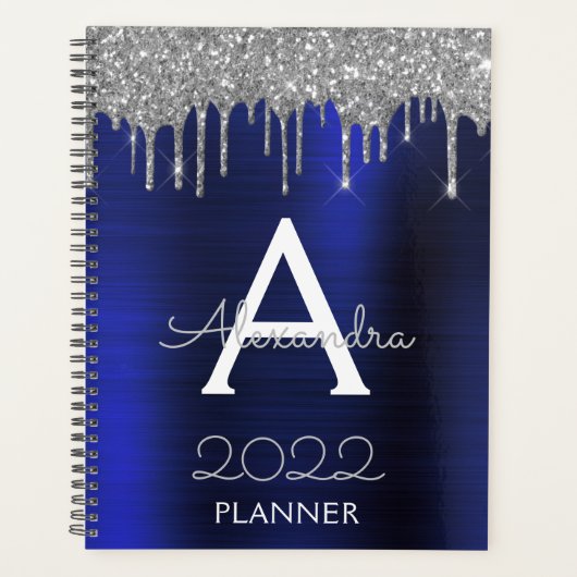 2022 Silbernes Navy Blau Glitter Glam Monogramm Planer (Vorderseite)