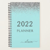 2022 Silver Aqua Blue Aquamarin Glitzer Monogram Planer (Vorderseite)