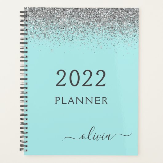 2022 Silver Aqua Blue Aquamarin Glitzer Monogram Planer (Vorderseite)