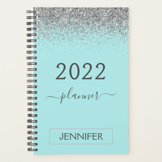 2022 Silver Aquamarin Aqua Blue Glitzer Monogram G Planer (Vorderseite)