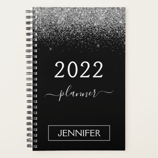 2022 Silver Black Glitzer Monogram Girly Planer (Vorderseite)