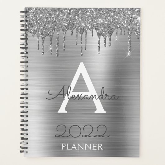 2022 Silver Glitzer Glam Monogram Modern Planer (Vorderseite)