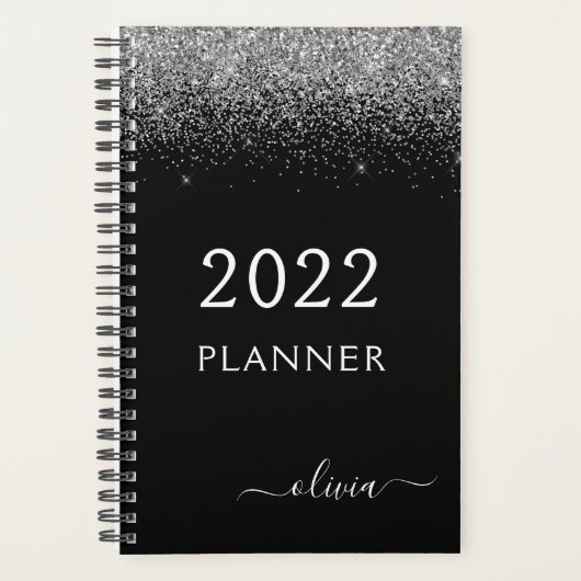 2022 Sparkle-Glam-Monogramm für den Silberschwarze Planer (Vorderseite)