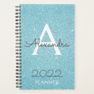 2022 Türkis Aqua Blau Glitter Funkeln Monogramm Planer
