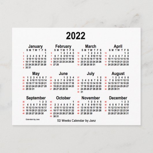2022 Weißer 52-Wochen-Kalender von Janz Postkarte (Vorderseite)
