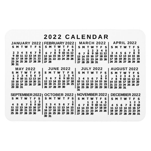 2022 Year Monthly Calendar Classic White and Black Magnet (Horizontal)