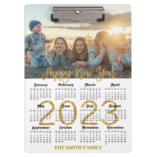 2023-2026 Kalender Gold Glitzer Script Foto Klemmbrett (Vorderseite)