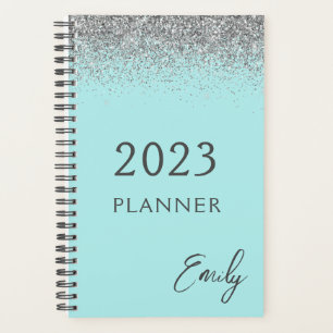 2023 Aqua Blau Türkis Silber Glitter Monogramm Planer