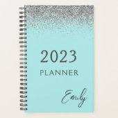 2023 Aqua Blue Aquamarin Silver Glitzer Monogram Planer (Vorderseite)