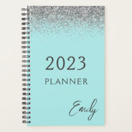 2023 Aqua Blue Aquamarin Silver Glitzer Monogram Planer