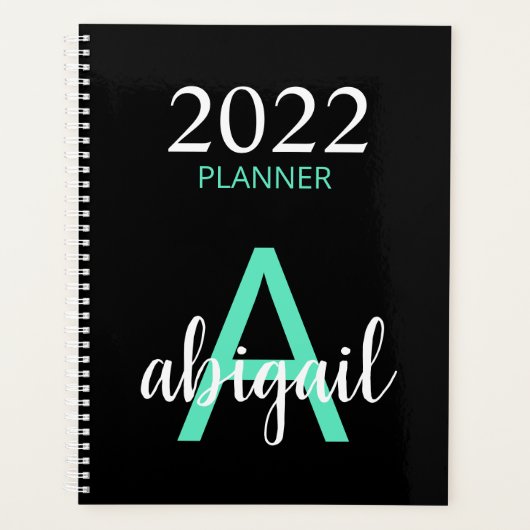 2023 Aquamarin Black Simple Modern Monogram Name Planer (Vorderseite)