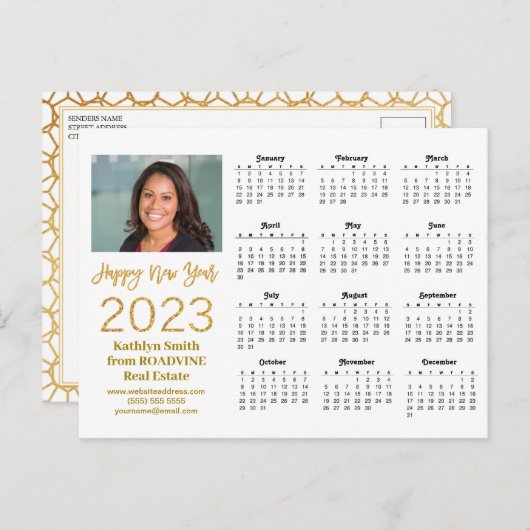 2023 Calendar Business Modernes Gold Script Foto Postkarte (Vorne/Hinten)