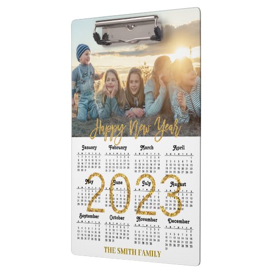 2023 Calendar Modernes Gold Glitzer Script Foto Klemmbrett (Links)