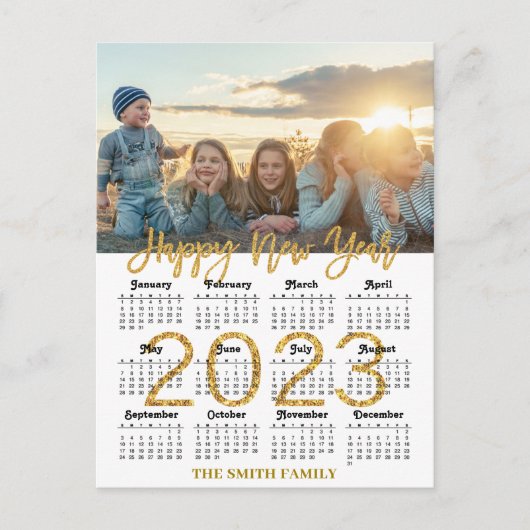 2023 Calendar Modernes Gold Glitzer Script Foto Postkarte (Vorderseite)