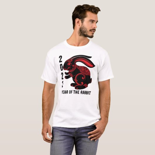 2023 Chinesisches Jahr des Kaninchens, schwarz, ro T-Shirt (Vorne ganz)