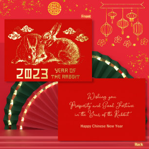 2023 Chinesisches Neujahr Rabbit Gold Folien Feiertagskarte