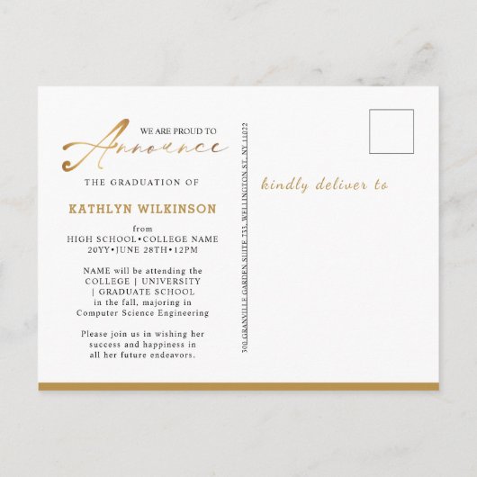 2023 Elegant Gold Black Script Foto Abschluss Ankündigungspostkarte (Rückseite)