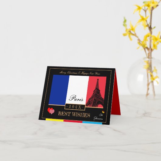 2023 Französische Flagge & Eiffel Happy New Year, Karte (Gelbe Blume)