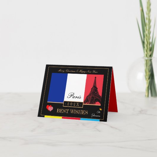 2023 Französische Flagge & Eiffel Happy New Year, Karte (Vorderseite)