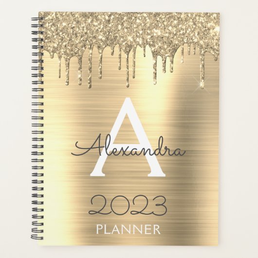 2023 Gold Glitzer Sparkle Modernes Monogramm Planer (Vorderseite)