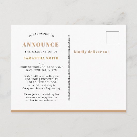 2023 Gold Modern Script Simple Foto Abschluss Ankündigungspostkarte (Rückseite)