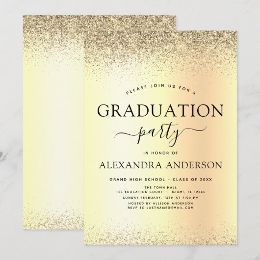 2023 Graduation Party Glitzer Gold Black Einladung (Vorne/Hinten)