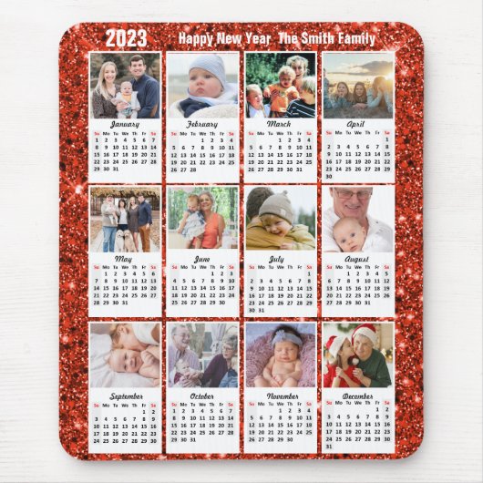 2023 Kalender 12 Foto Familie Moderner Roter Glitz Mousepad (Vorne)