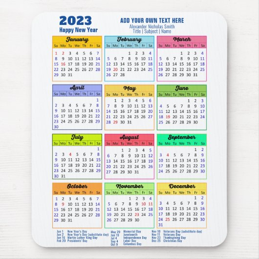 2023 Kalender mit Public Holidays Modern Blue Mousepad (Vorne)