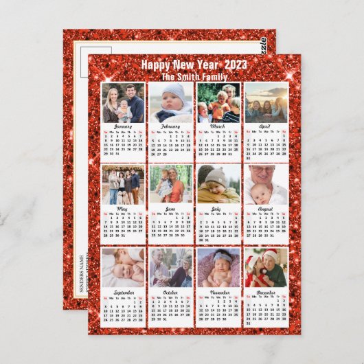 2023 Kalender Moderne Familie 12 Foto Roter Glitze Postkarte (Vorne/Hinten)