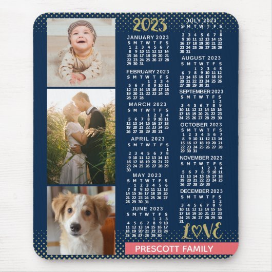 2023 Kalender Navy Koral Gold Familie Foto Collage Mousepad (Vorne)