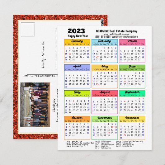 2023 Kalender Roter Glitzer Modernes Business Foto Postkarte (Vorne/Hinten)