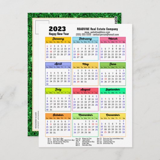 2023 Kalender Schwarz-Script-Grün-Glitzer Corporat Postkarte (Vorne/Hinten)